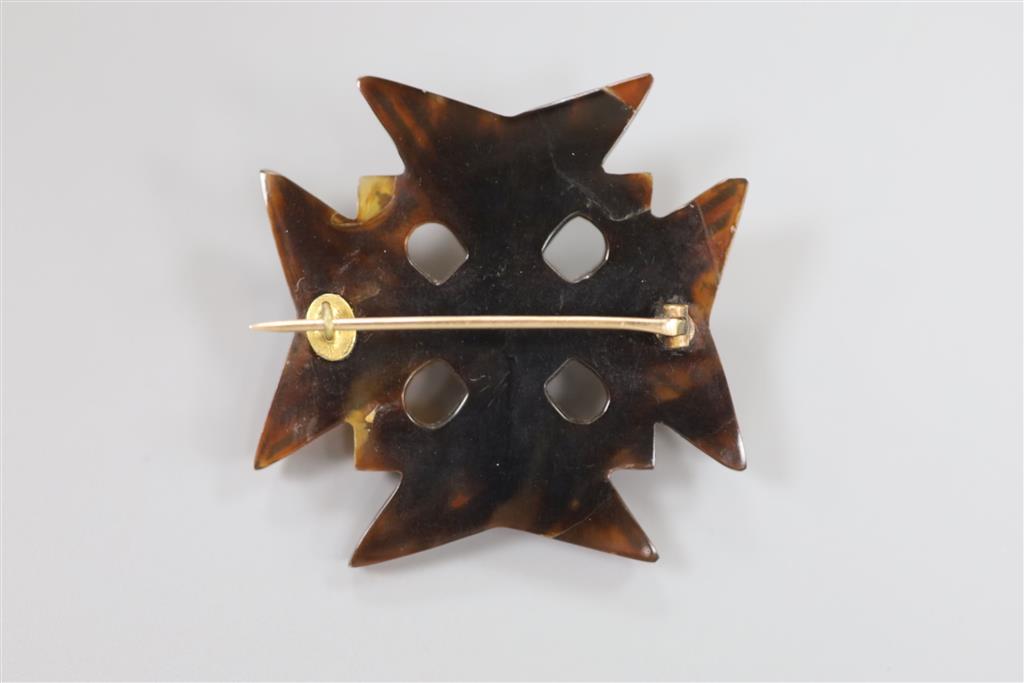 A Victorian tortoiseshell pique quatrefoil brooch, 41mm.